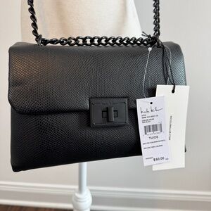 NICOLE MILLER NEW Faux Leather Crossbody in Monochromatic Black with Chain Strap
